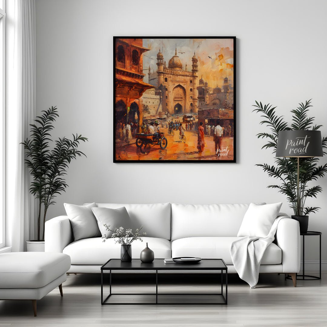 This vibrant painting captures the bustling energy of a city square in India. The iconic Charminar … for living room
