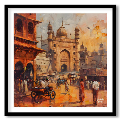 This vibrant painting captures the bustling energy of a city square in India. The iconic Charminar … for lovely house