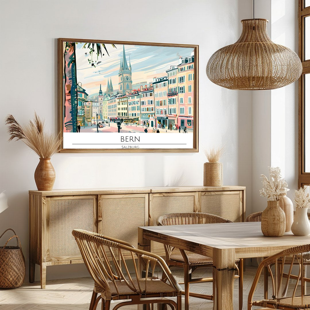 Immerse yourself in the enchanting view of Bern with this captivating cityscape artwork. The vivid for Dining