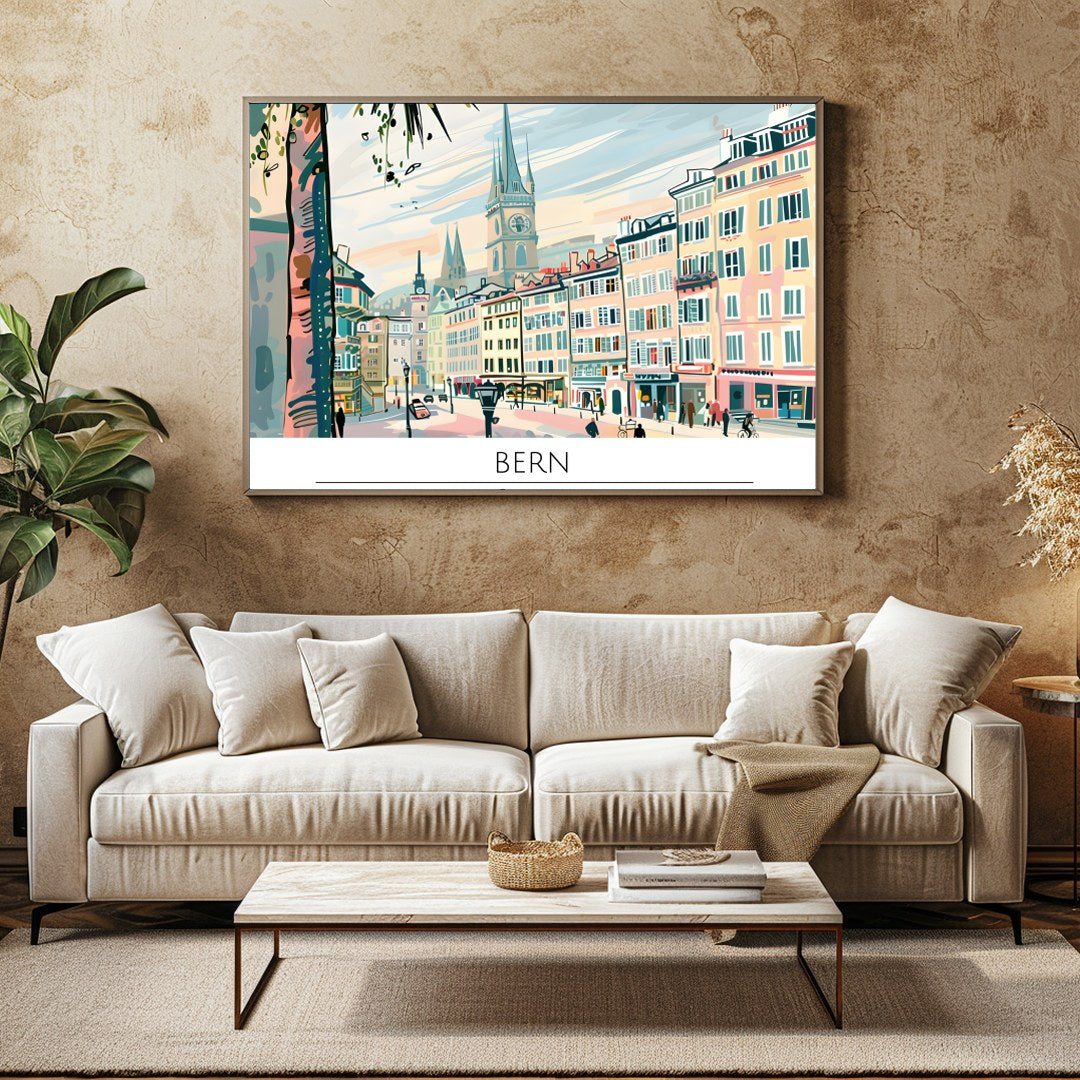 Immerse yourself in the enchanting view of Bern with this captivating cityscape artwork. The vivid for Family Room