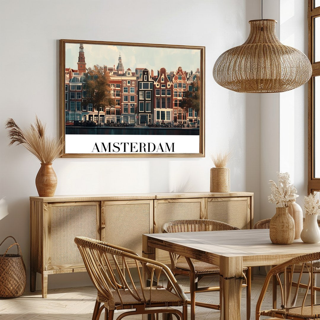 This exquisite piece captures the essence of Amsterdam’s iconic canal houses beneath a tranquil for Dining