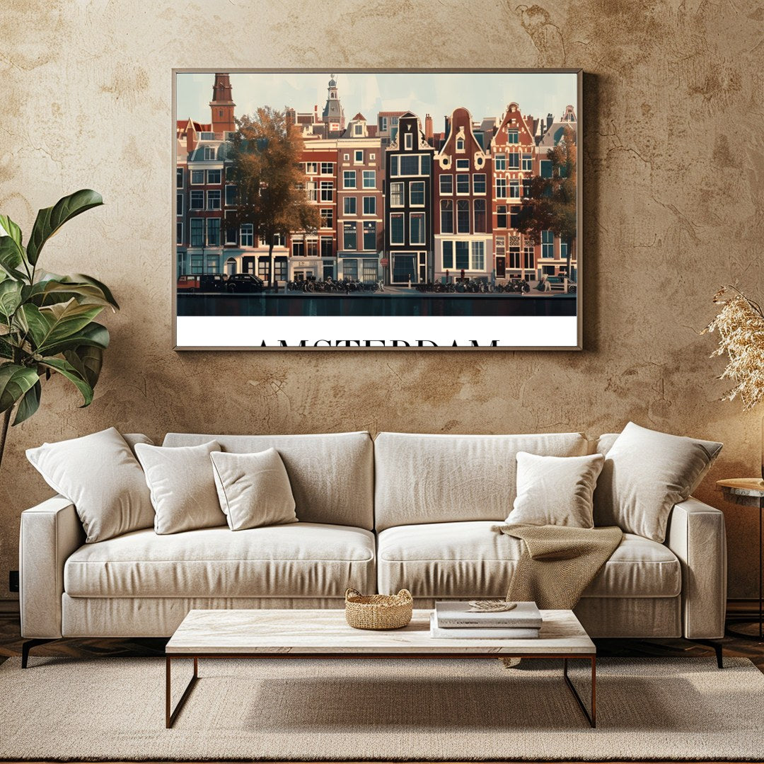 This exquisite piece captures the essence of Amsterdam’s iconic canal houses beneath a tranquil for Family Room