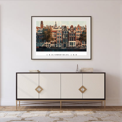 This exquisite piece captures the essence of Amsterdam’s iconic canal houses beneath a tranquil for Foyer