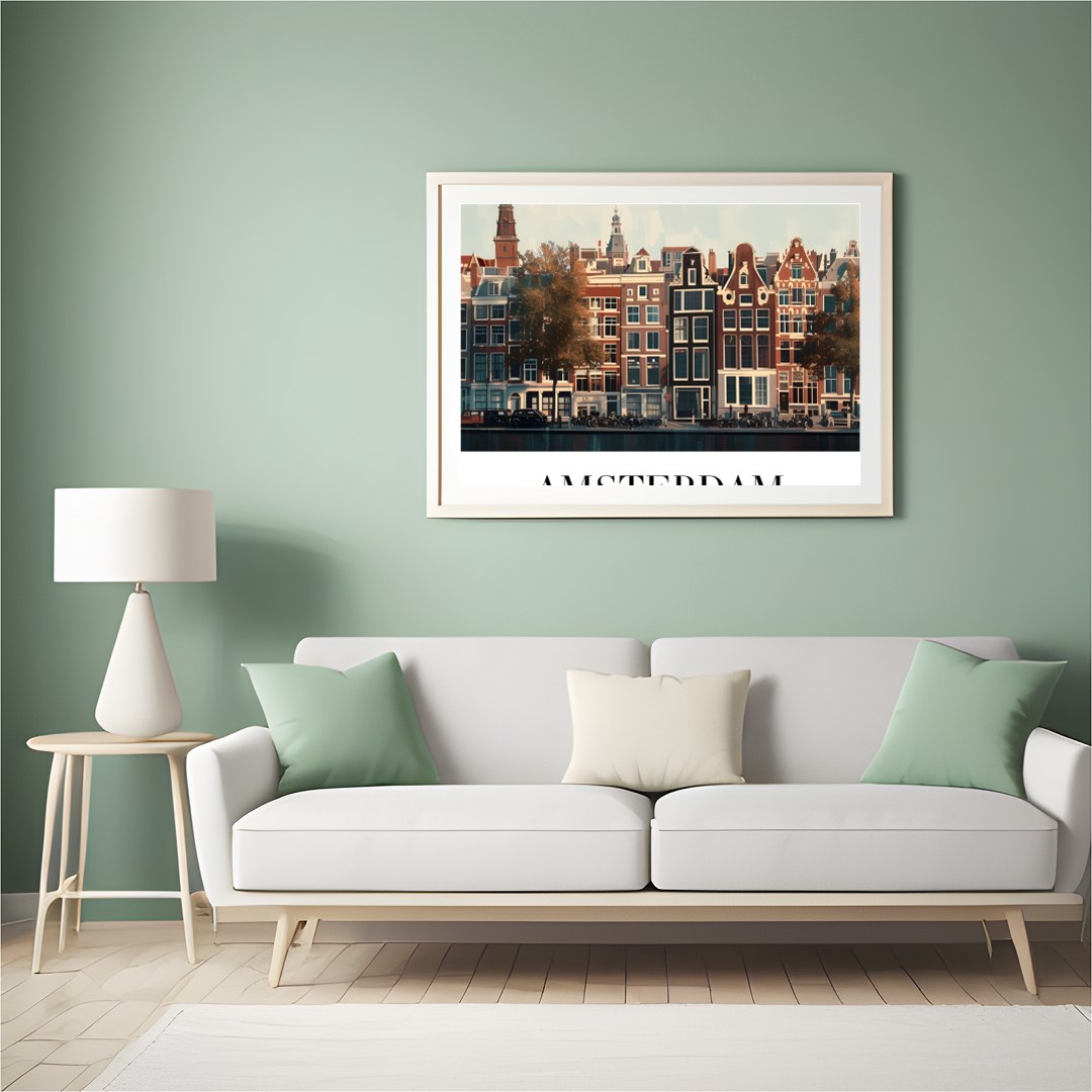 This exquisite piece captures the essence of Amsterdam’s iconic canal houses beneath a tranquil for Hall
