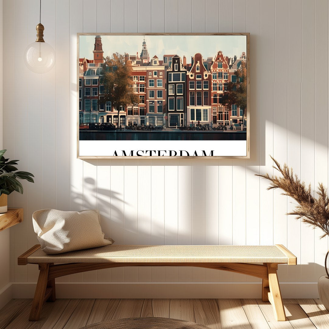 This exquisite piece captures the essence of Amsterdam’s iconic canal houses beneath a tranquil for Hallway