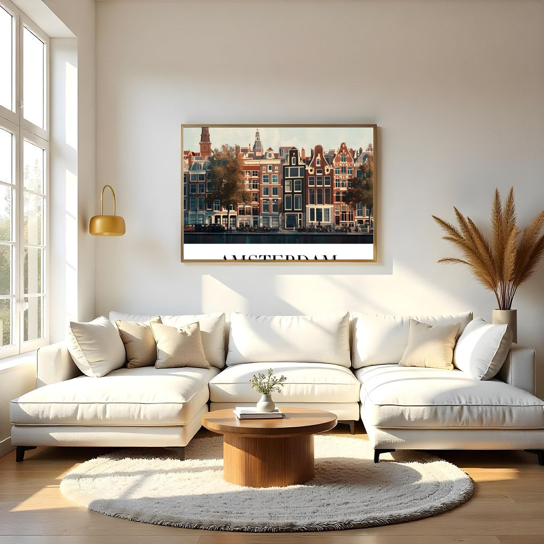 This exquisite piece captures the essence of Amsterdam’s iconic canal houses beneath a tranquil for Living Room