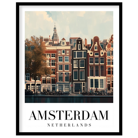 This exquisite piece captures the essence of Amsterdam’s iconic canal houses beneath a tranquil for sanctuary