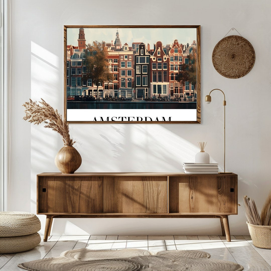 This exquisite piece captures the essence of Amsterdam’s iconic canal houses beneath a tranquil for Sitting Area