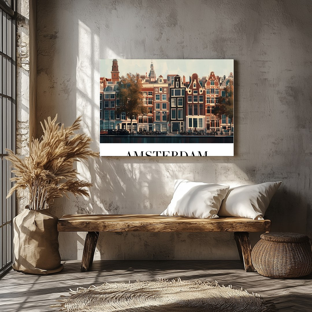 This exquisite piece captures the essence of Amsterdam’s iconic canal houses beneath a tranquil for Veranda