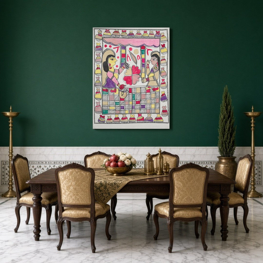 Immerse your space with the elegant charm of a traditional Madhubani scene, featuring two figures for Dining