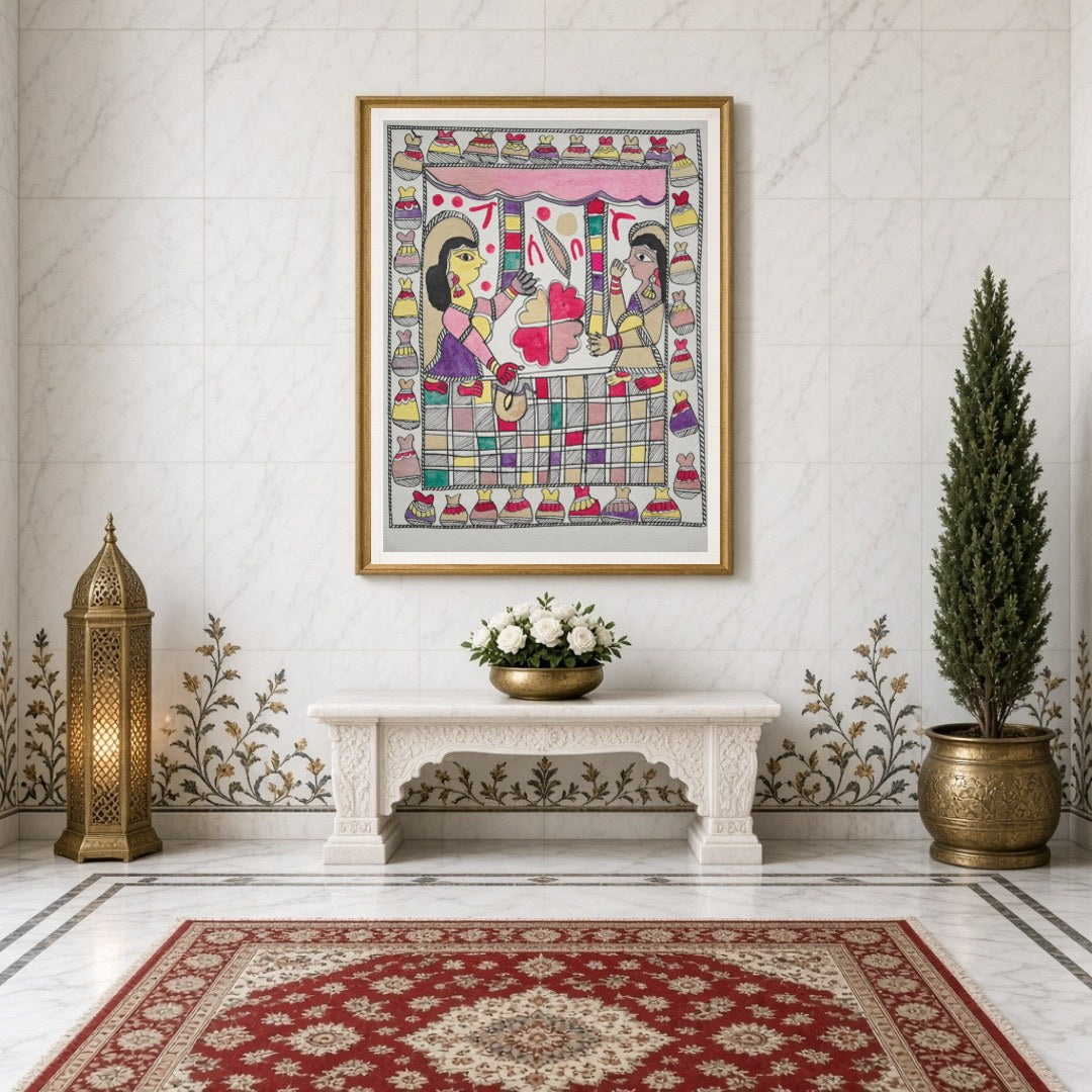 Immerse your space with the elegant charm of a traditional Madhubani scene, featuring two figures for Entrance