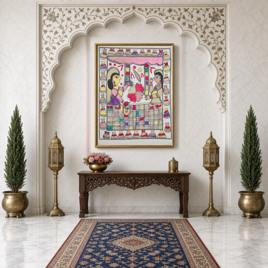 Immerse your space with the elegant charm of a traditional Madhubani scene, featuring two figures for Hallway