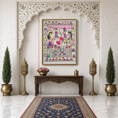 Immerse your space with the elegant charm of a traditional Madhubani scene, featuring two figures for Hallway