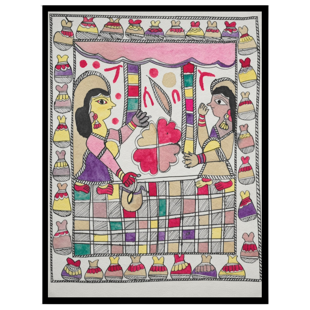Immerse your space with the elegant charm of a traditional Madhubani scene, featuring two figures for interior