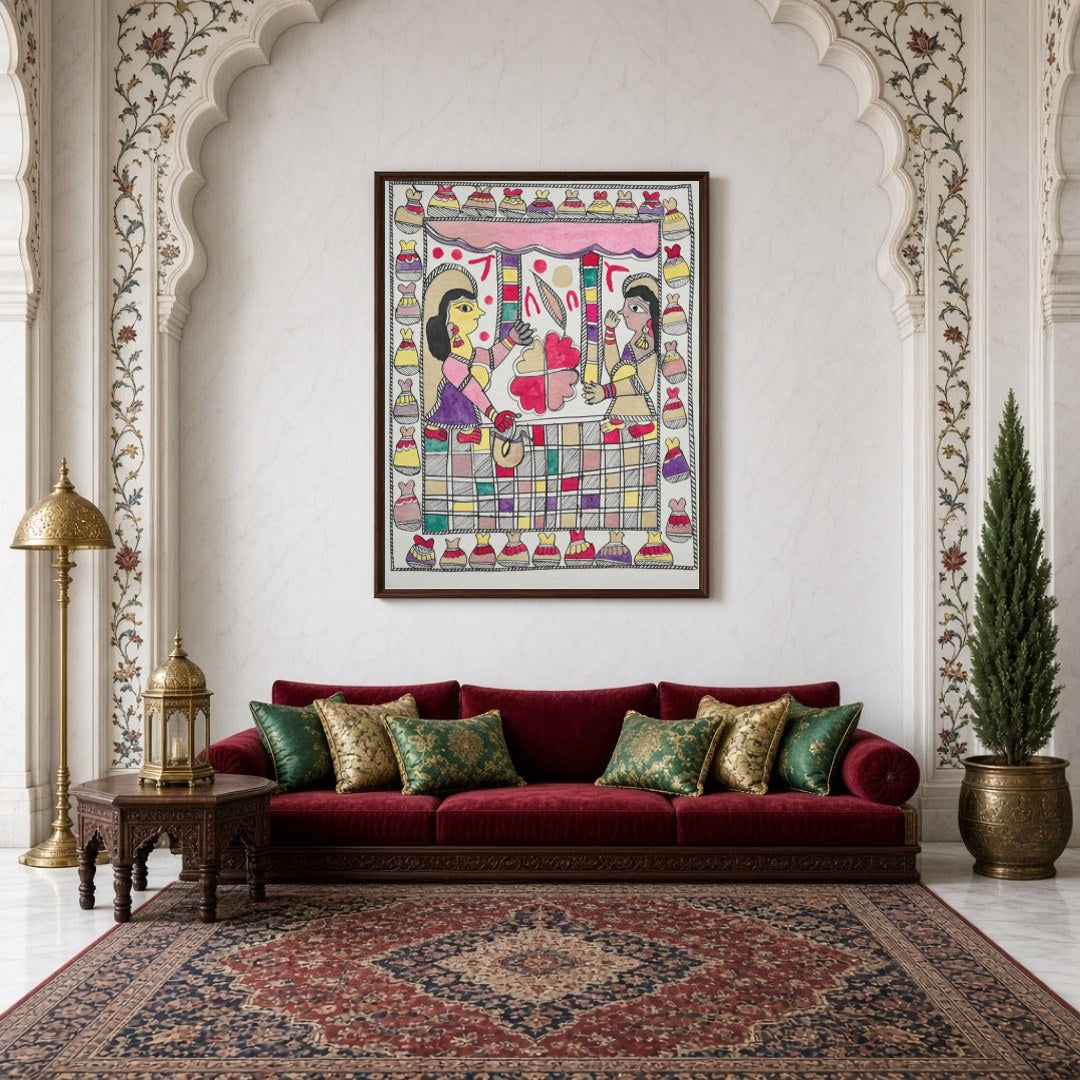 Immerse your space with the elegant charm of a traditional Madhubani scene, featuring two figures for Living Room