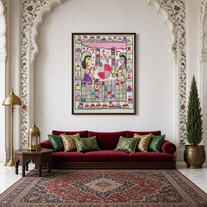 Immerse your space with the elegant charm of a traditional Madhubani scene, featuring two figures for Living Room