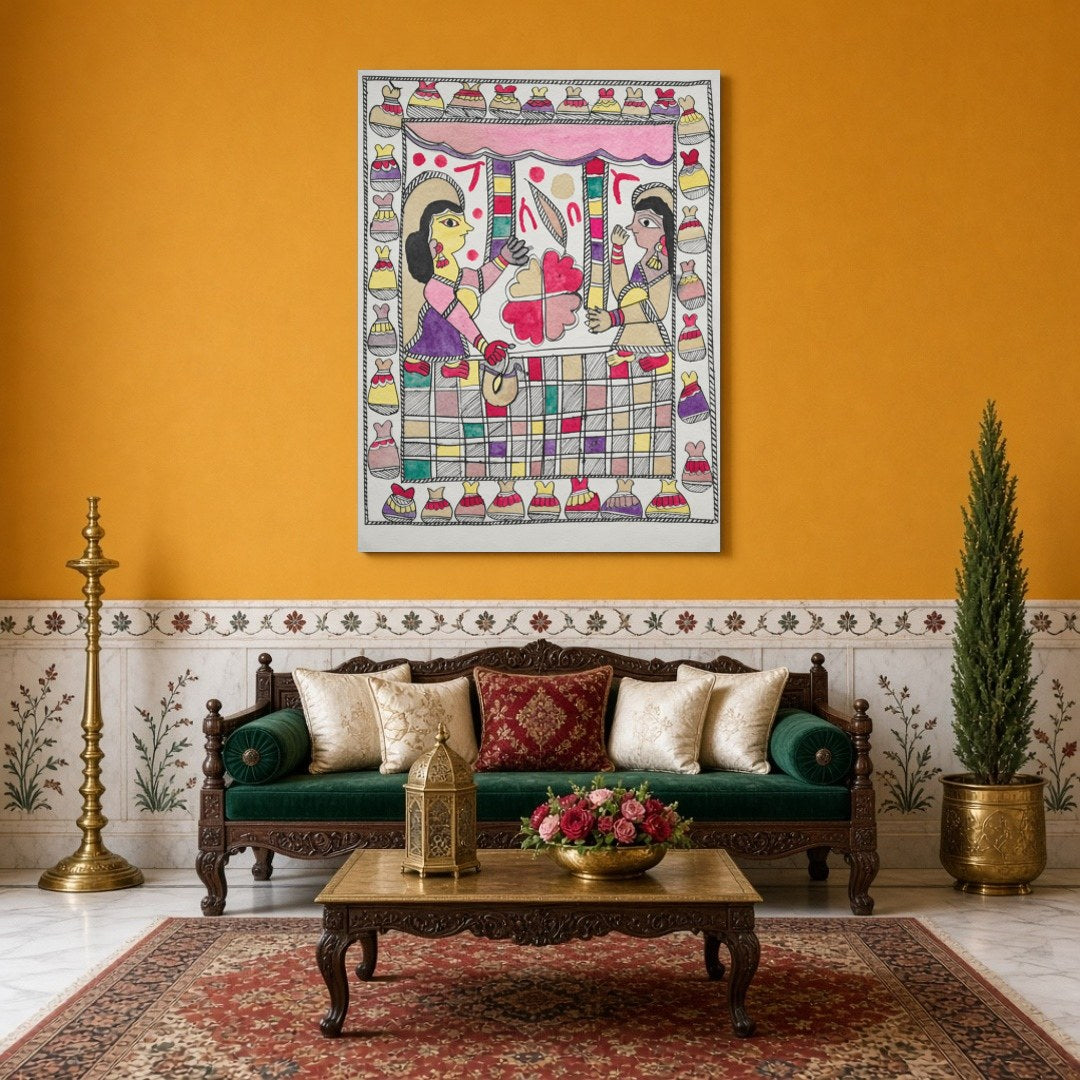 Immerse your space with the elegant charm of a traditional Madhubani scene, featuring two figures for Sitting Area