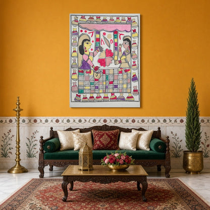 Immerse your space with the elegant charm of a traditional Madhubani scene, featuring two figures for Sitting Area