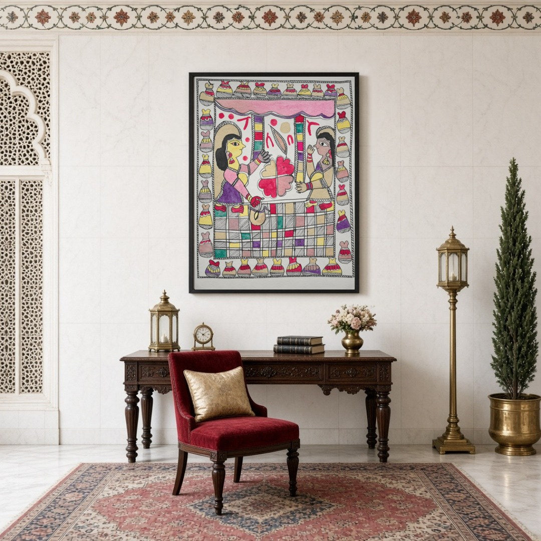 Immerse your space with the elegant charm of a traditional Madhubani scene, featuring two figures for Study
