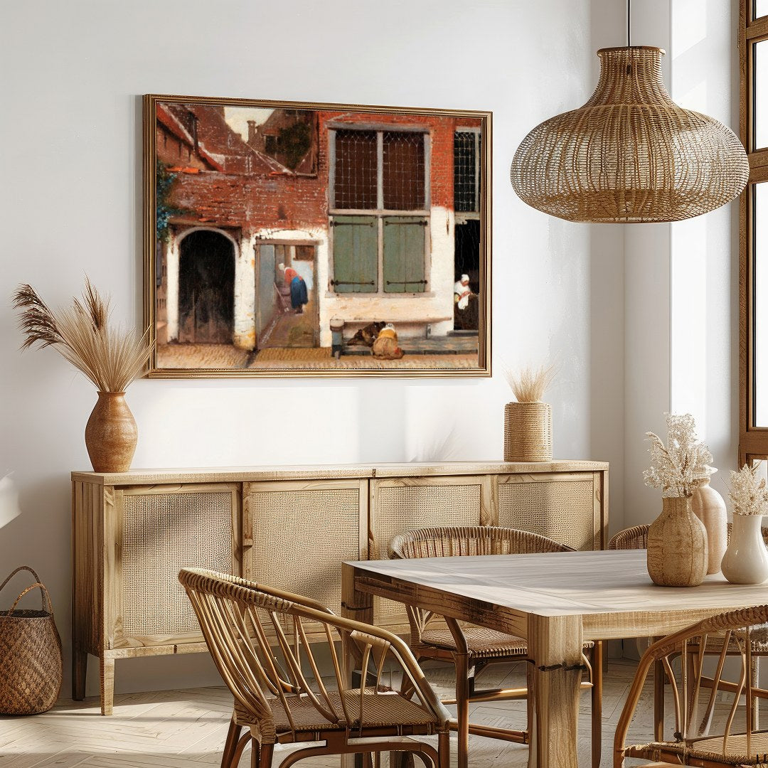 Step into a serene moment captured in this exquisite scene of a quaint Dutch alleyway. Perfect for for Dining