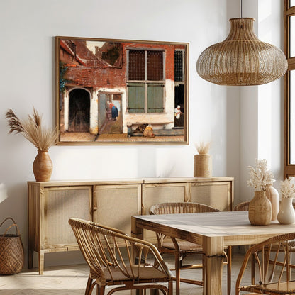 Step into a serene moment captured in this exquisite scene of a quaint Dutch alleyway. Perfect for for Dining