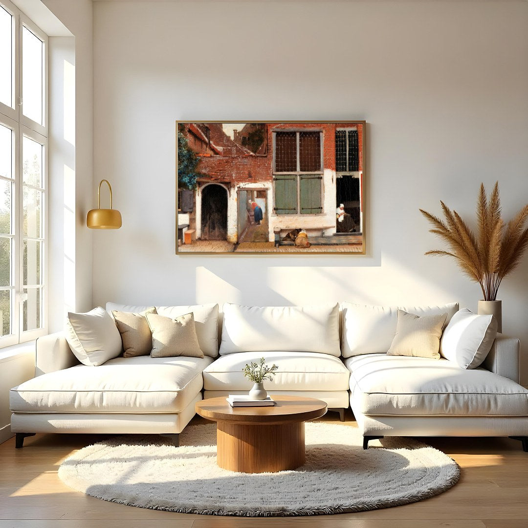 Step into a serene moment captured in this exquisite scene of a quaint Dutch alleyway. Perfect for for Living Room