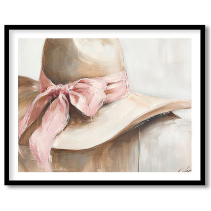 This captivating artwork portrays a delicate hat with a soft pink ribbon, exuding an air of gentle for abode