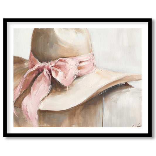 This captivating artwork portrays a delicate hat with a soft pink ribbon, exuding an air of gentle for abode