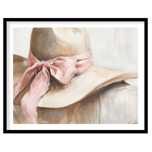 This captivating artwork portrays a delicate hat with a soft pink ribbon, exuding an air of gentle for abode