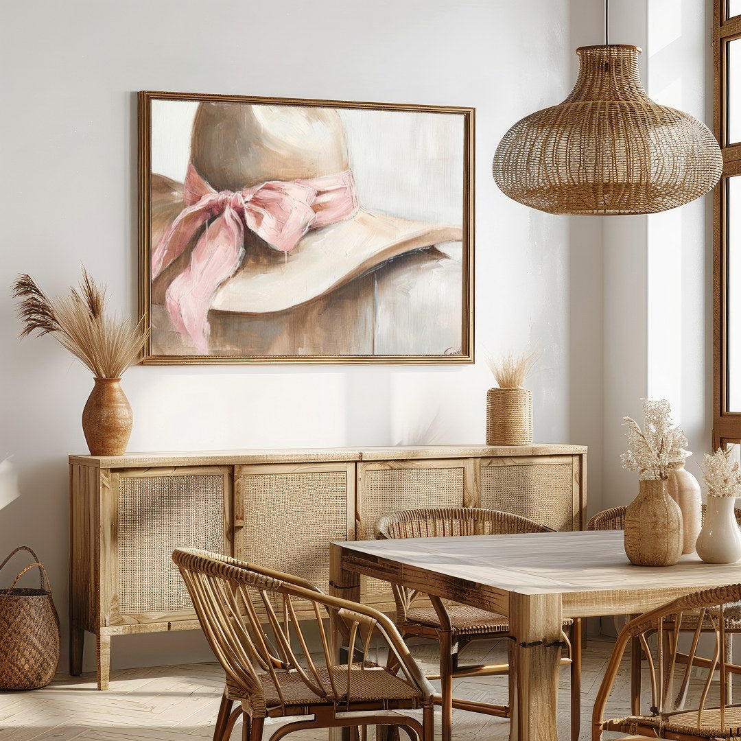 This captivating artwork portrays a delicate hat with a soft pink ribbon, exuding an air of gentle for Dining