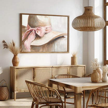 This captivating artwork portrays a delicate hat with a soft pink ribbon, exuding an air of gentle for Dining