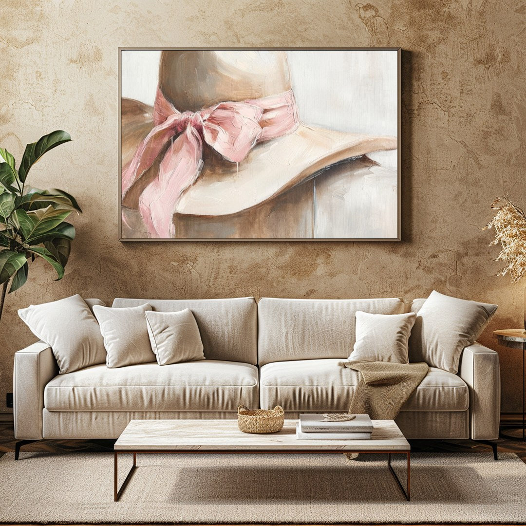 This captivating artwork portrays a delicate hat with a soft pink ribbon, exuding an air of gentle for Family Room