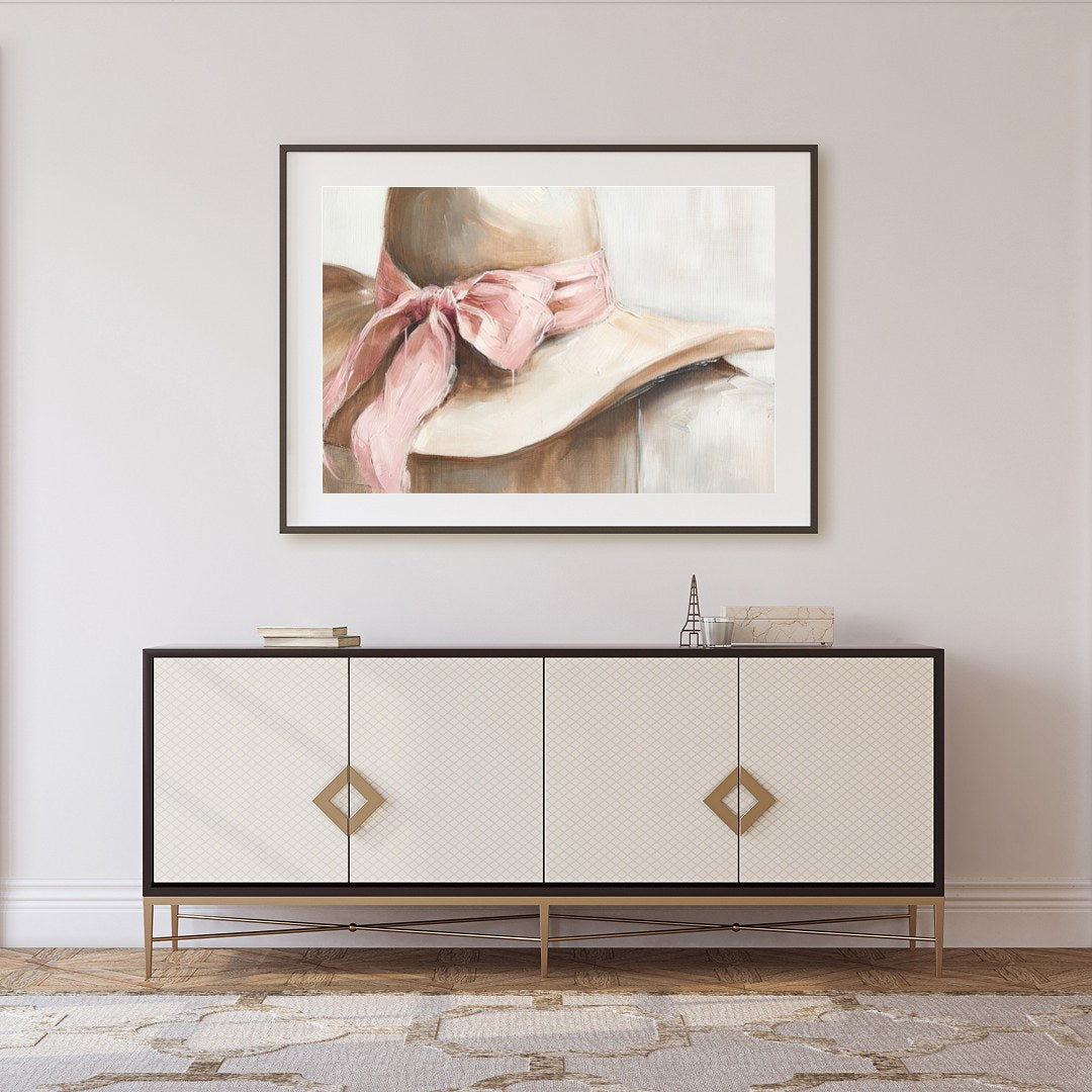 This captivating artwork portrays a delicate hat with a soft pink ribbon, exuding an air of gentle for Foyer