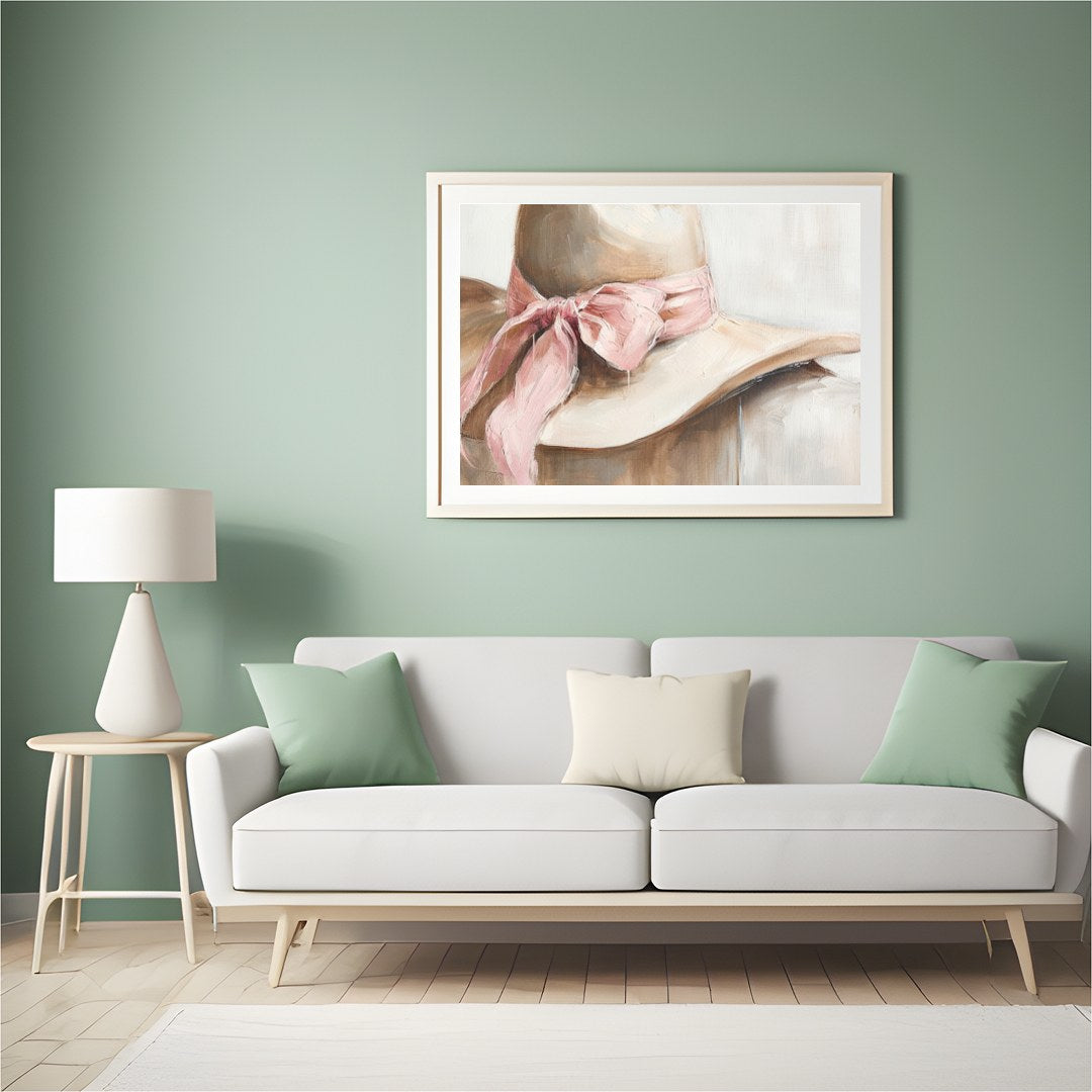 This captivating artwork portrays a delicate hat with a soft pink ribbon, exuding an air of gentle for Hall