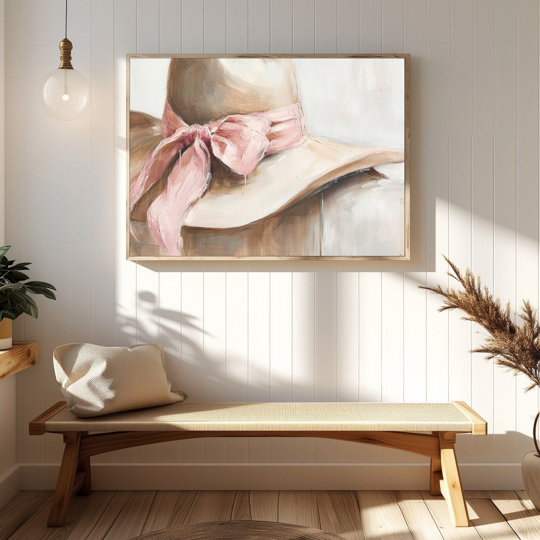 This captivating artwork portrays a delicate hat with a soft pink ribbon, exuding an air of gentle for Hallway