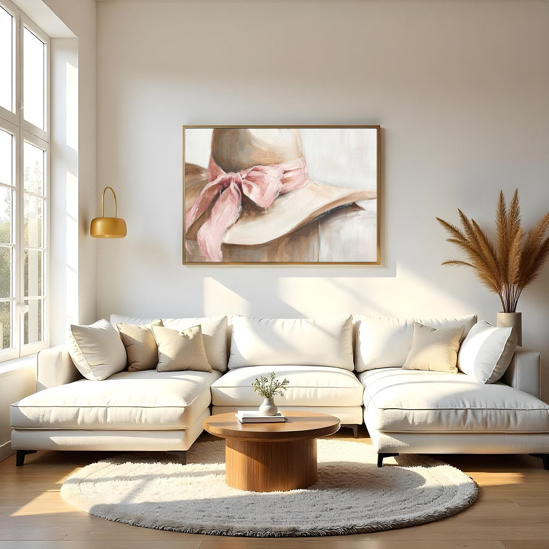 This captivating artwork portrays a delicate hat with a soft pink ribbon, exuding an air of gentle for Living Room