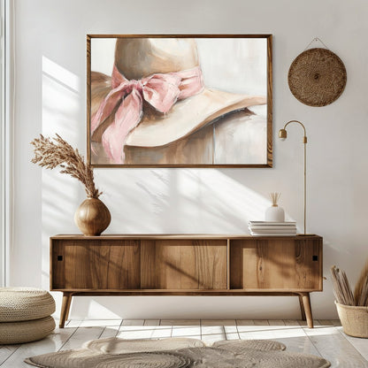 This captivating artwork portrays a delicate hat with a soft pink ribbon, exuding an air of gentle for Sitting Area