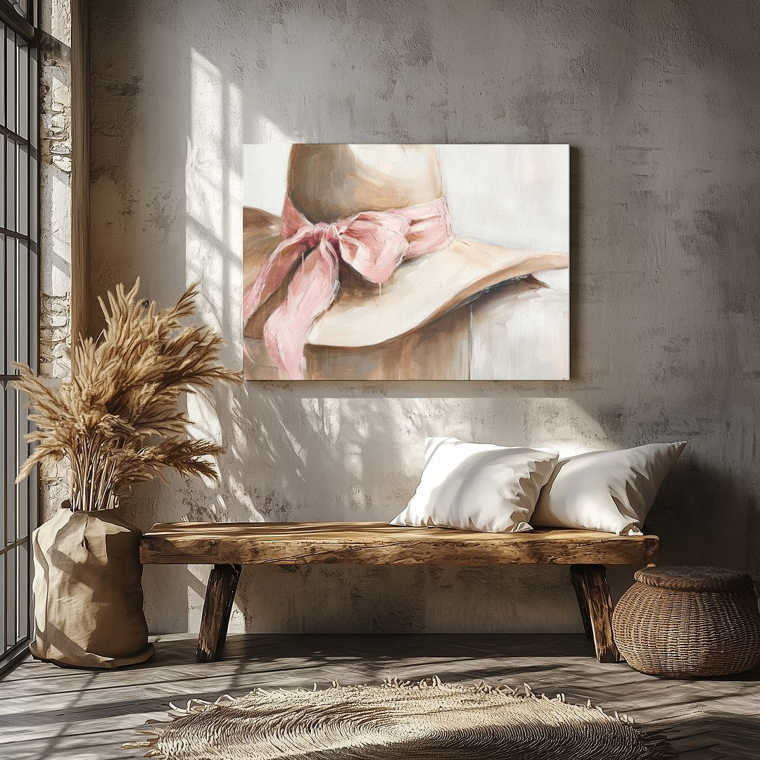 This captivating artwork portrays a delicate hat with a soft pink ribbon, exuding an air of gentle for Veranda