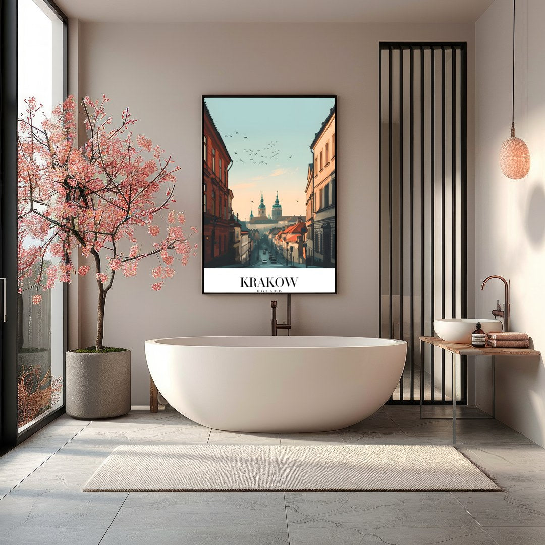 Capture the enchanting ambiance of Krakow with this stunning cityscape artwork. Featuring the for Bathroom
