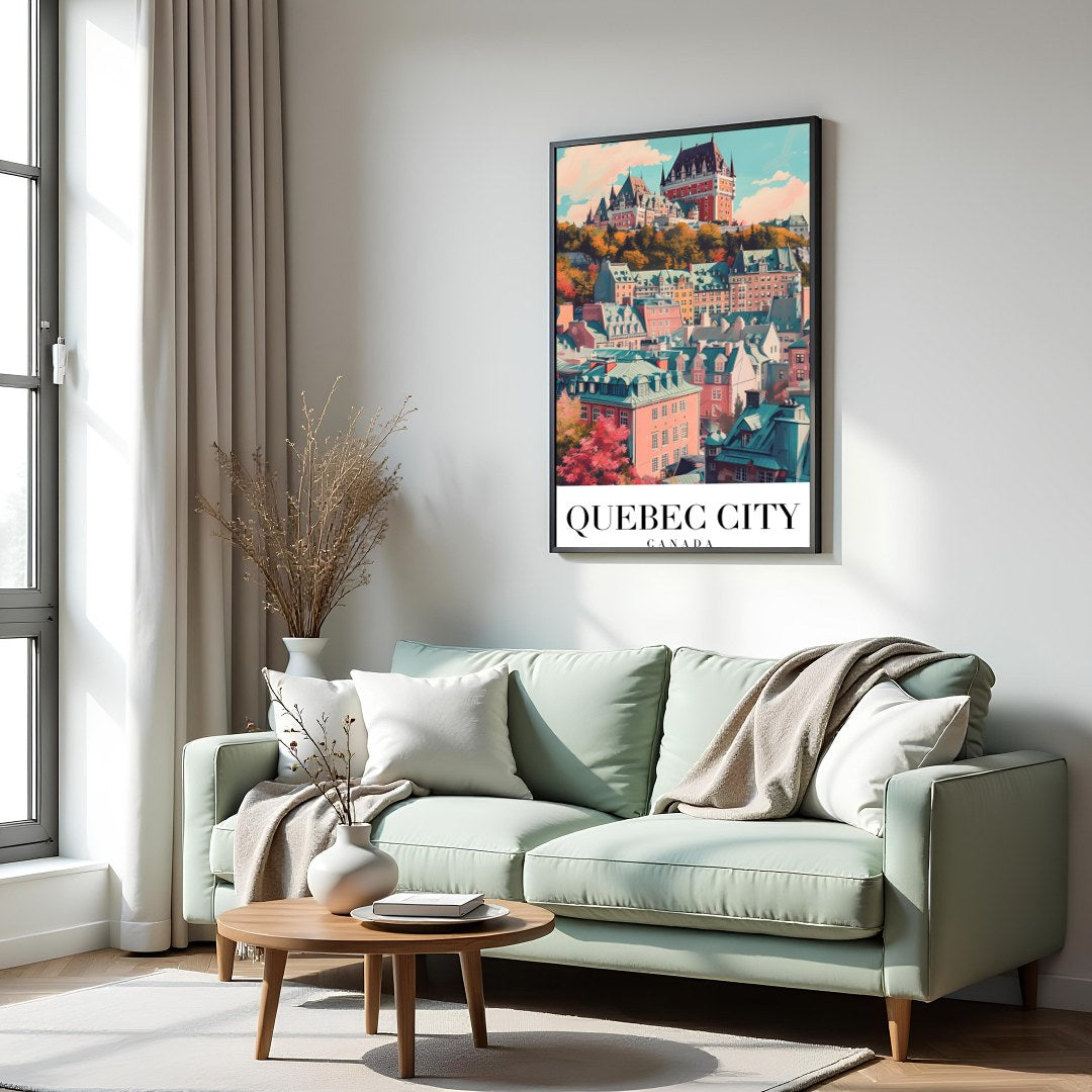 This captivating wall art captures the enchanting essence of Quebec City with its iconic for Hall