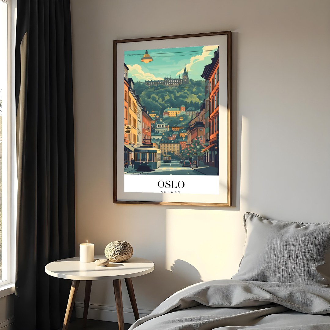 Capture the essence of Oslo with this vibrant street scene, featuring a quaint tram navigating for Bedroom