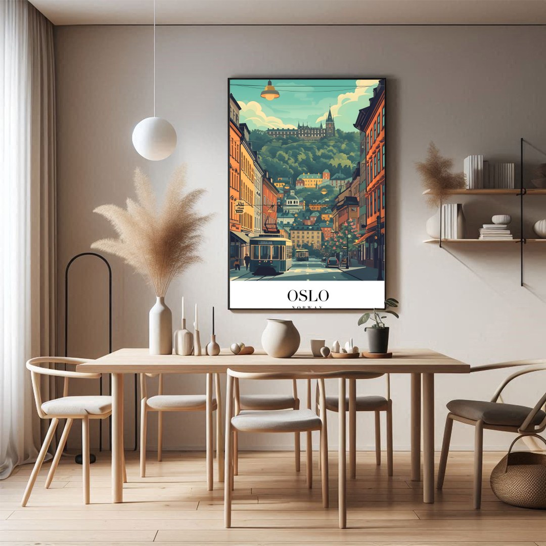 Capture the essence of Oslo with this vibrant street scene, featuring a quaint tram navigating for Dining