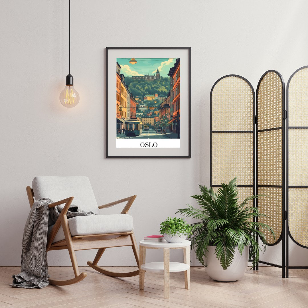 Capture the essence of Oslo with this vibrant street scene, featuring a quaint tram navigating for Foyer