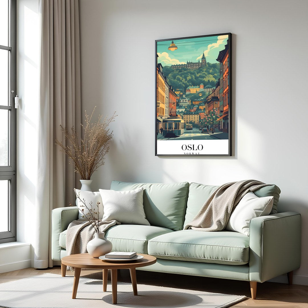 Capture the essence of Oslo with this vibrant street scene, featuring a quaint tram navigating for Hall