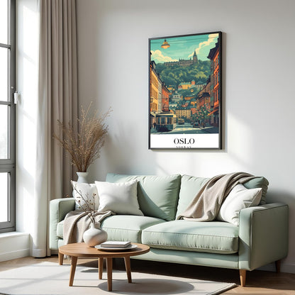 Capture the essence of Oslo with this vibrant street scene, featuring a quaint tram navigating for Hall