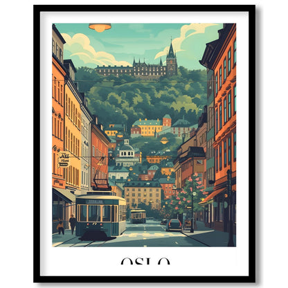 Capture the essence of Oslo with this vibrant street scene, featuring a quaint tram navigating for home