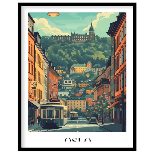 Capture the essence of Oslo with this vibrant street scene, featuring a quaint tram navigating for home