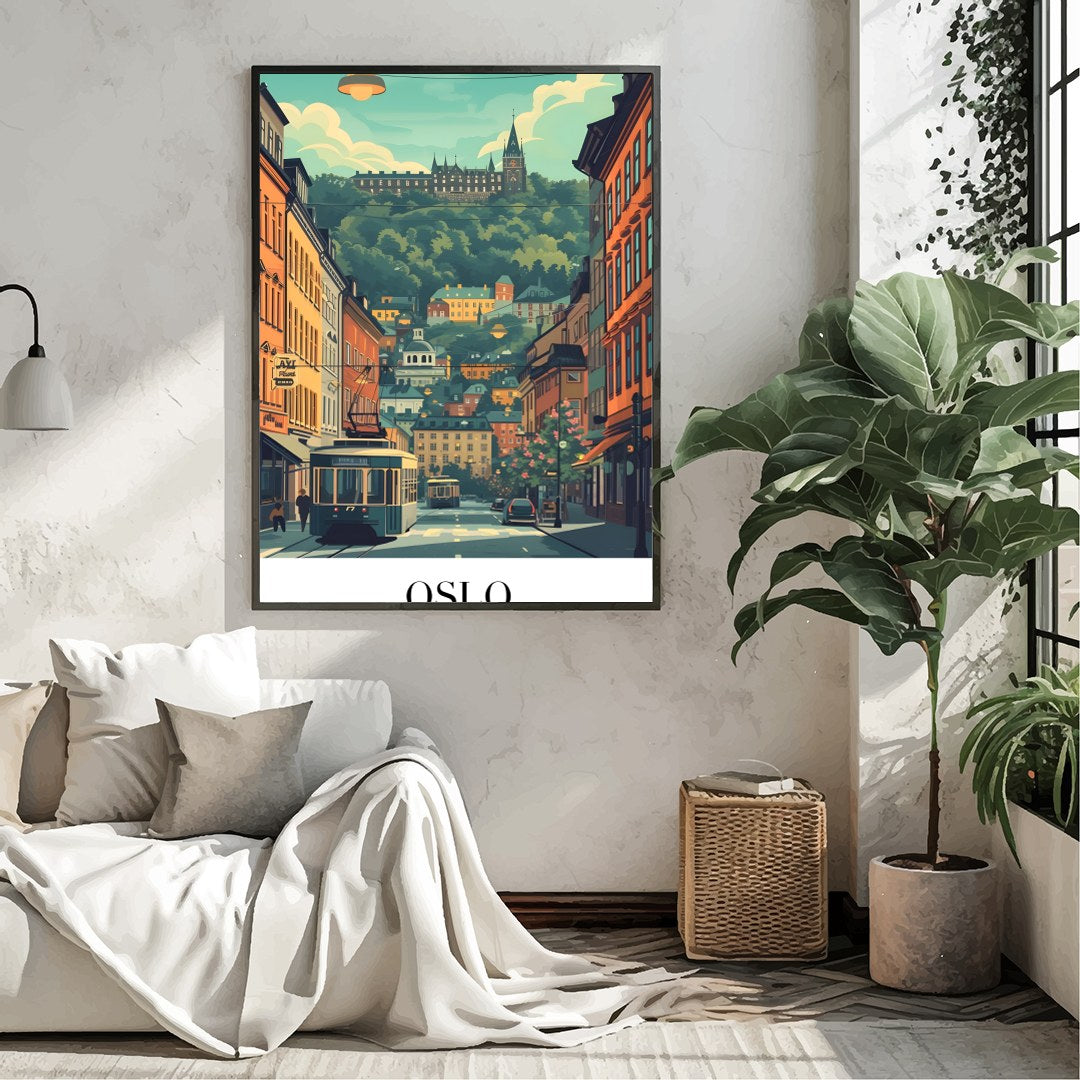 Capture the essence of Oslo with this vibrant street scene, featuring a quaint tram navigating for Living Room