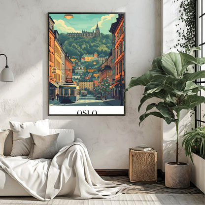 Capture the essence of Oslo with this vibrant street scene, featuring a quaint tram navigating for Living Room
