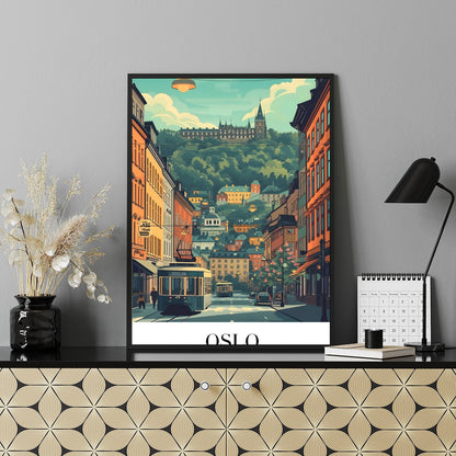 Capture the essence of Oslo with this vibrant street scene, featuring a quaint tram navigating for Shelf